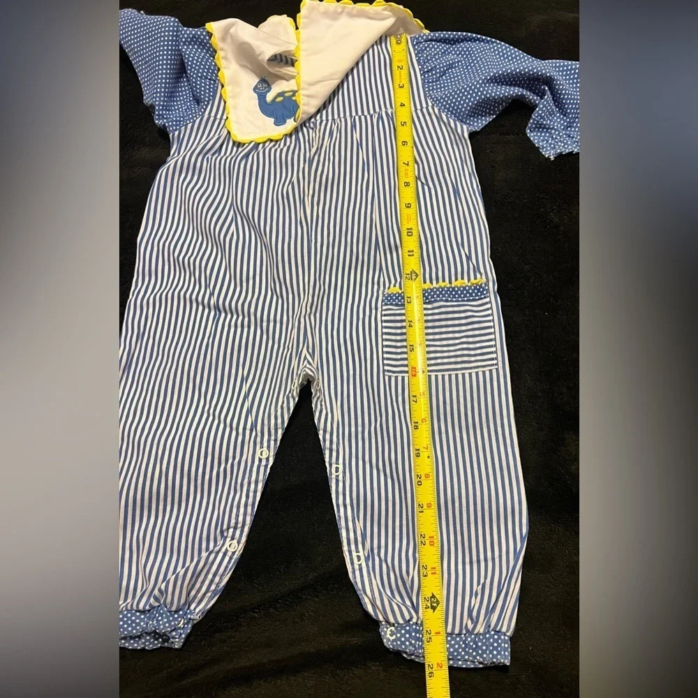 *True Vtg 70’s 2T/3T Baby Boy Home Sewn Blue & White Striped Romper w/ Dinosaur